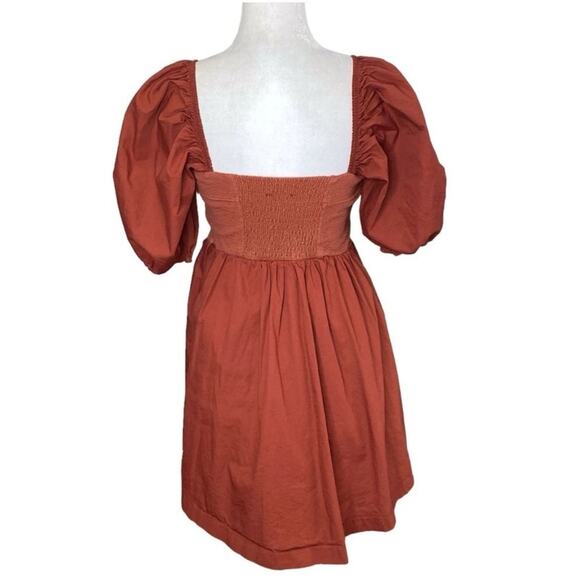 NEW Maeve Puff-Sleeved Sweetheart Mini Dress Burnt Sienna S - Picture 6 of 11